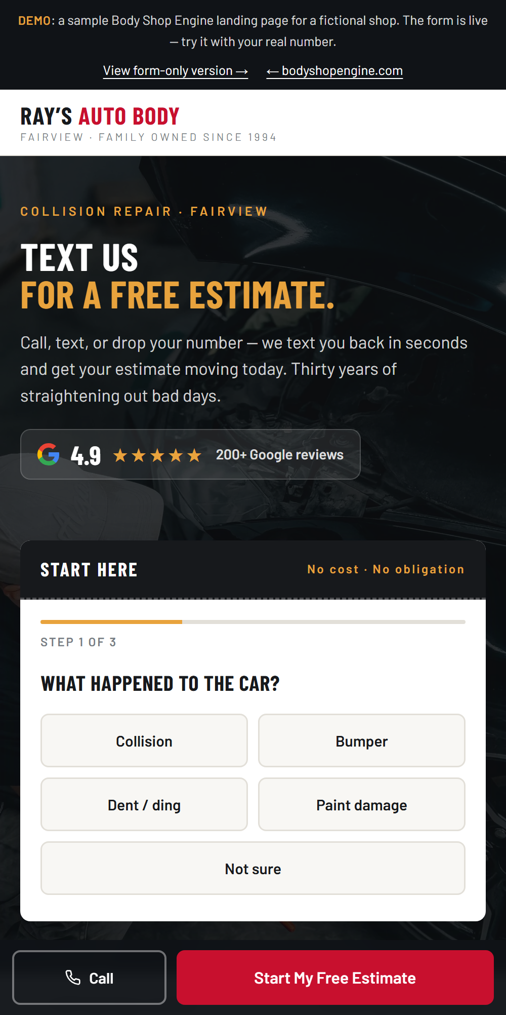 Sample Body Shop Engine landing page shown on a phone